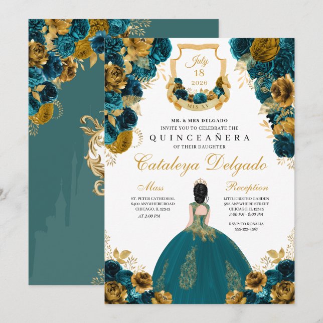 Eleganten Quinceañera, Blommigten Teal Blue & Guld Inbjudningar (Fram/baksida)