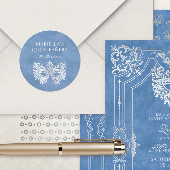 Eleganten Quinceanera, Blue Masqueramasken Runt Klistermärke (Skapare uppladdad)