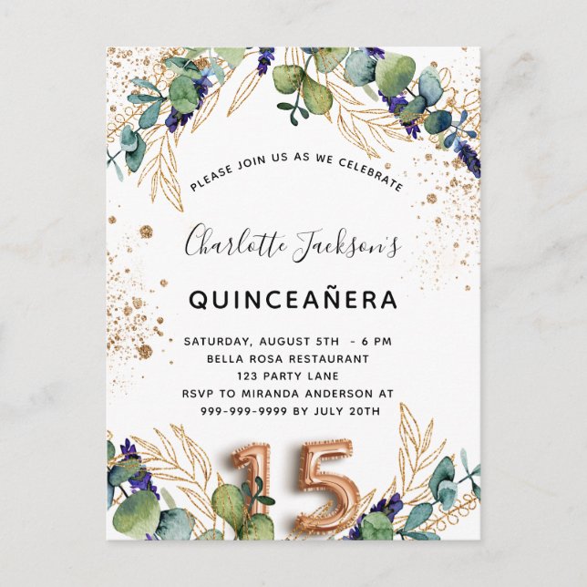 Eleganten Quinceanera eucalyptus greenery glitter Inbjudan Vykort (Framsida)