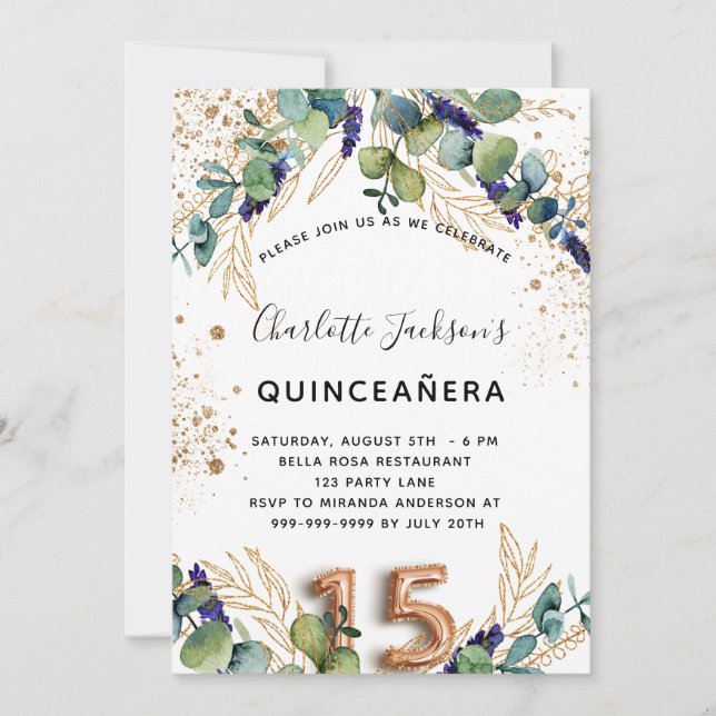 Eleganten Quinceanera eucalyptus greenery glitter Inbjudningar (Framsida)