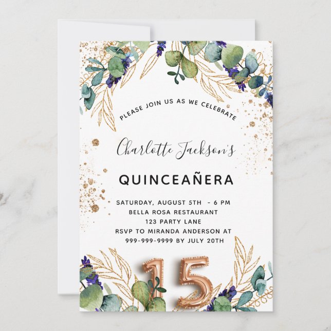 Eleganten Quinceanera eucalyptus greenery glitter Inbjudningar (Framsida)