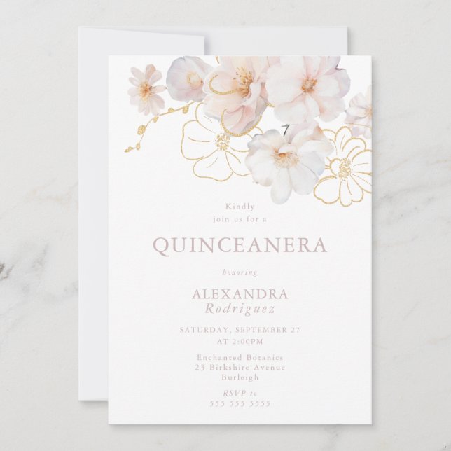 Eleganten Quinceanera för  och Guld Wildblommor Inbjudningar (Framsida)