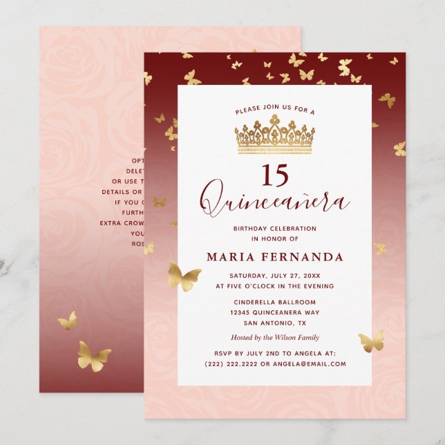 Eleganten Quinceanera i Burgundy Ro Guld Krona Inbjudningar (Fram/baksida)