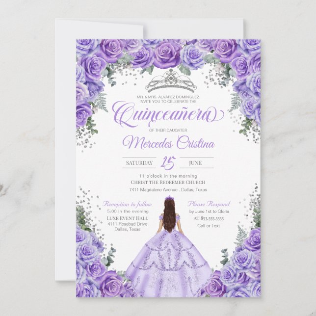 Eleganten Quinceanera i Lavender Lila & Silver Ro Inbjudningar (Framsida)