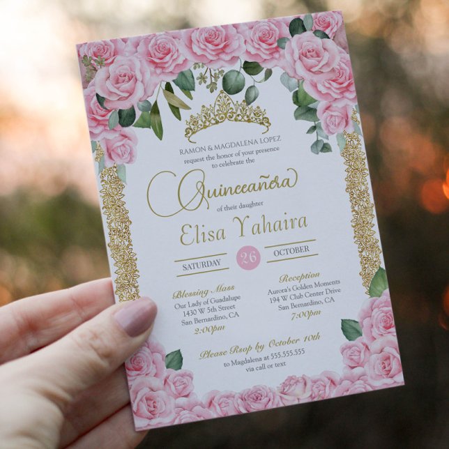 Eleganten Quinceanera i rosa ros och Guld Inbjudningar (Skapare uppladdad)