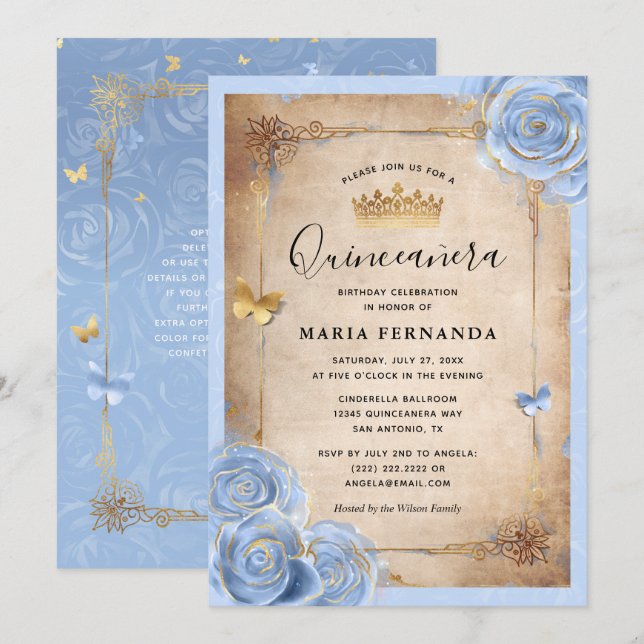 Eleganten Quinceanera med ljus Baby blue och Guld  Inbjudningar (Fram/baksida)
