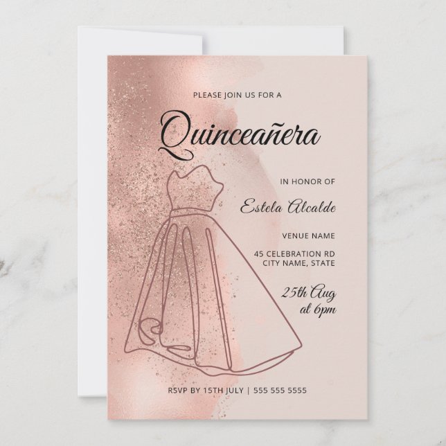 Eleganten Quinceanera Mis Quince Dusty Ro Guld Inbjudningar (Framsida)