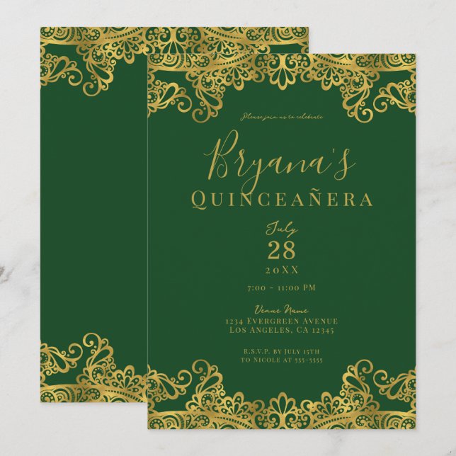 Eleganten Quinceañera Party vid mörk grönt Snöre Inbjudningar (Fram/baksida)