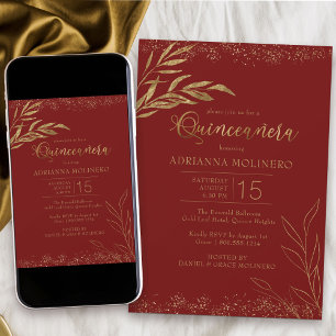 Eleganten Quinceanera Red och Guld Löv Inbjudningar