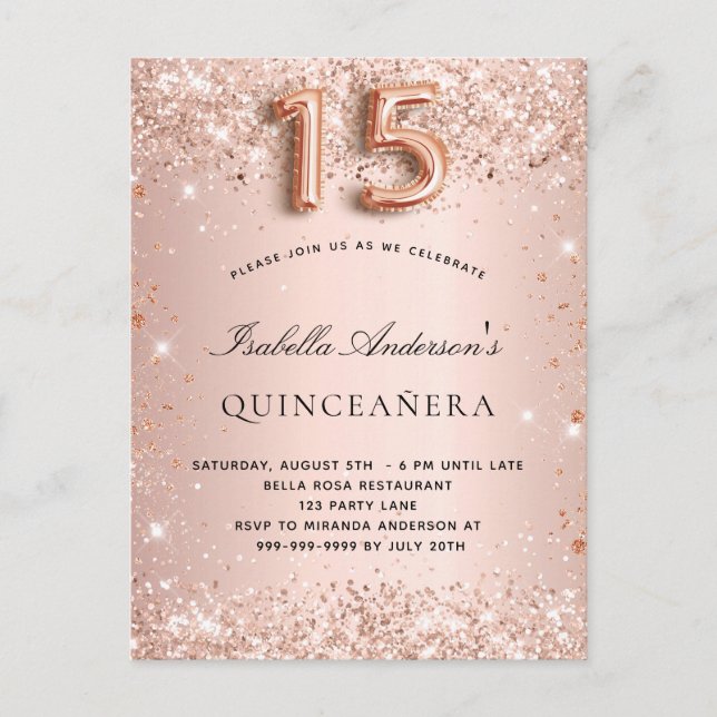 Eleganten Quinceanera ro guld  glitter Inbjudan Vykort (Framsida)