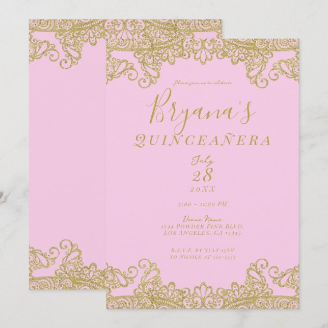 Eleganten Quinceañera rosa & Guld Glitter Snöre Inbjudningar (Fram/baksida)