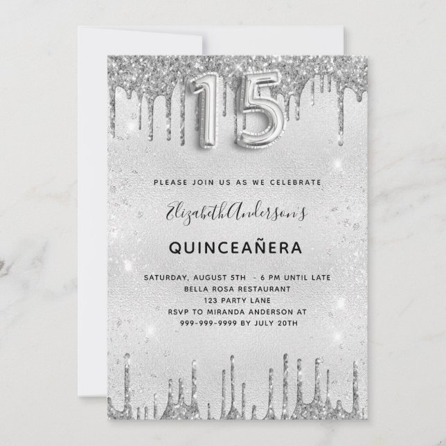 Eleganten Quinceanera silver glitter Inbjudningar (Framsida)