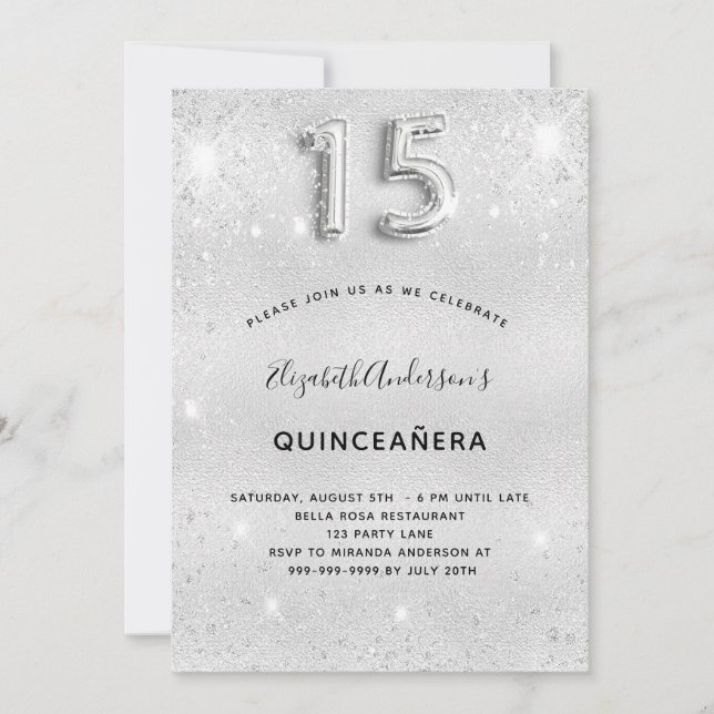 Eleganten Quinceanera silver glitter Inbjudningar (Framsida)