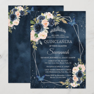 Eleganten Quinceanera vid marinblått och Silver Ro Inbjudningar