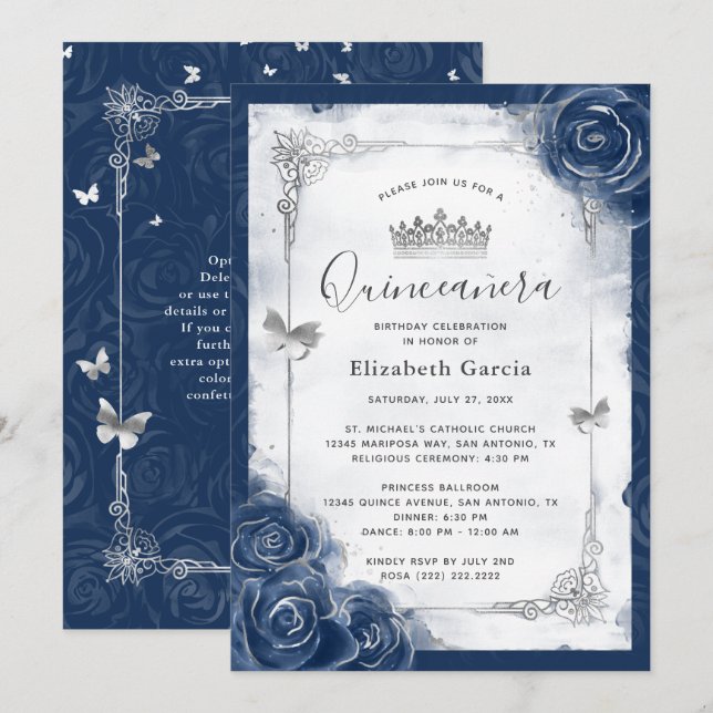 Eleganten Quinceanera vid marinblått och Silver Ro Inbjudningar (Fram/baksida)