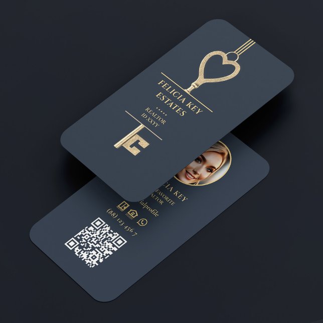 Eleganten Realtor Mortgage Broker Mörk blått Guld  Visitkort (Realtor Mortgage Broker Elegant Dark Blue Gold Key Business Card
)