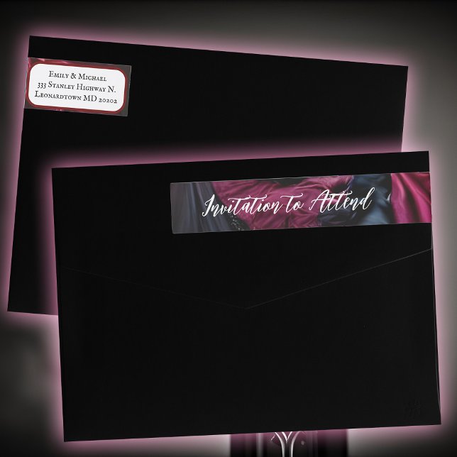 Eleganten Red Black Satin Bourding Red Satin Etikettband (Gothic wedding invitation fancy return address labels in elegant red and black.)