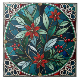 Eleganten Red Flower Grönt Löv Kakelplatta