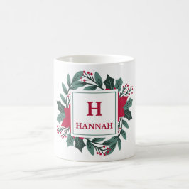 Eleganten Red Grönt Blommigt Monogram Namn jul Kaffemugg