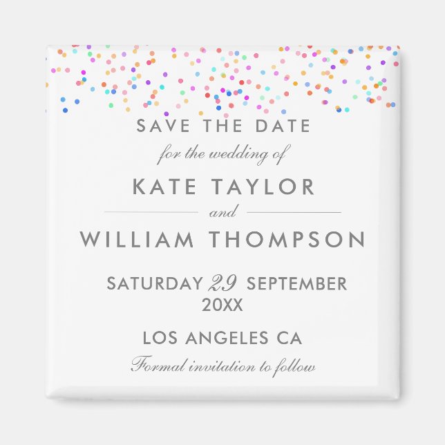 Eleganten Regnbåge-konfetti sparar datum Magnet (Framsidan)