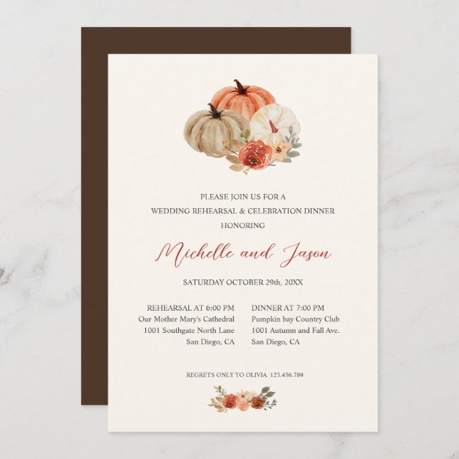 Eleganten REHEARSAL för hösten Pumpkins Flowers Inbjudningar (Fram/baksida)