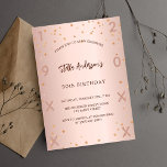 Eleganten ro guld stjärnor från födelsedagen inbjudan vykort<br><div class="desc">För en elegant 50:e (eller någon ålder) födelsedagsfest. En övertoningsbakgrund för ro guld. Dekorerad med stjärnor. Anpassa och lägg till information om namn och party. Lägg till födelseår och år för firande. Namn är skrivet med ett handskript i stil</div>