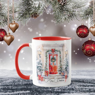 Eleganten Röd dörr i God jul med vattenfärg Mugg