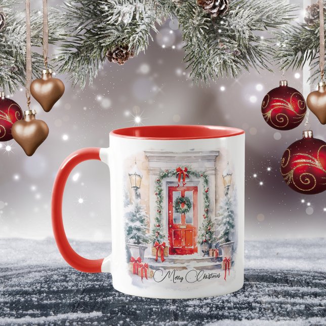Eleganten Röd dörr i God jul med vattenfärg Mugg (Skapare uppladdad)