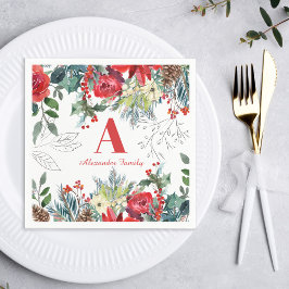 Eleganten röd i julfamiljen blommigt monogrammad pappersservett