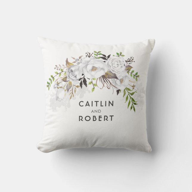 Eleganten Romantic Vita vattenfärgsblommor Kudde (Framsida)