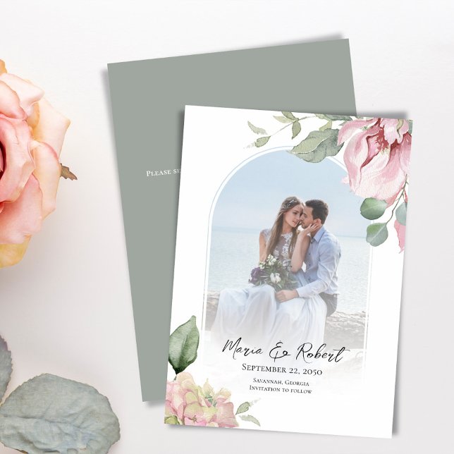 Eleganten  Rosa Arch Blommigt Bröllop Spara Datumet (Elegant wedding watercolor blush pink arch save the date photo card. )