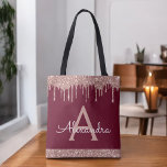 Eleganten Rosa ros Guld Burgundy Glitter Monogram  Tygkasse<br><div class="desc">Rosa ros Guld och Burgundy Marsala Faux Gnistra och Dripping Glitter Elegant Monogram Bok Bag. Denna Bok-bag kan anpassas så att den omfattar ditt första och första namn och ges som julklapp,  Sverige 16 födelsedagar,  Möhippa eller Bröllop.</div>