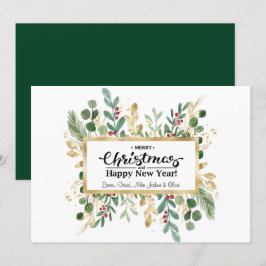 Eleganten Rustic Grönt  Skript Guld Foliage Blommi Julkort