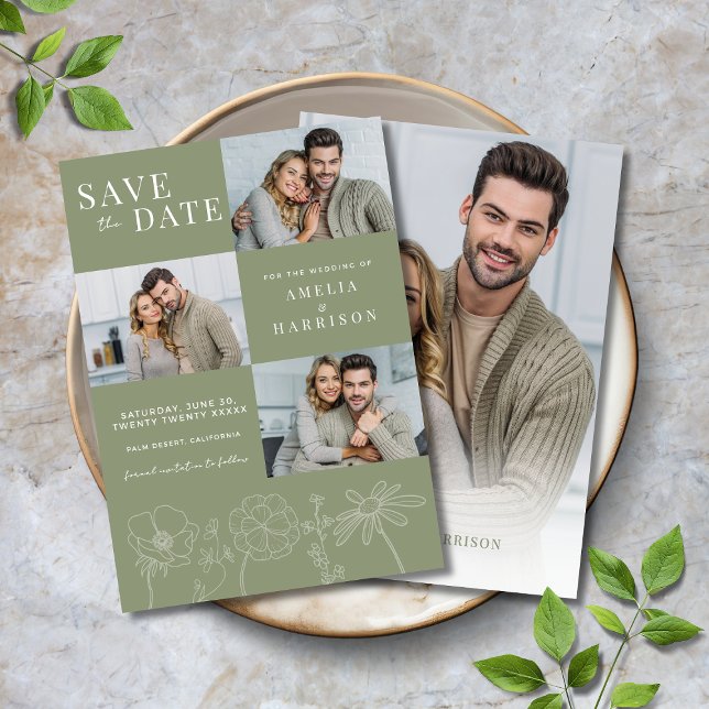 Eleganten Sage Grönt Blommigt Fyra foto Bröllop Spara Datumet (Sage Green Elegant Floral Four Photo Wedding Save the Date with Line Art Flowers, Modern Typography.)
