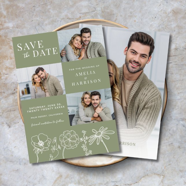 Eleganten Sage Grönt Blommigt Fyra foto Bröllop Spara Datumet (Sage Green Elegant Floral Four Photo Wedding Save the Date with Line Art, 3 front photos, 1 on back.)