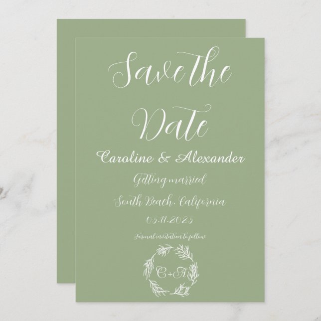 Eleganten Sage Grönt Enkel Blommigt Formell Bröllo Spara Datumet (Fram/baksida)