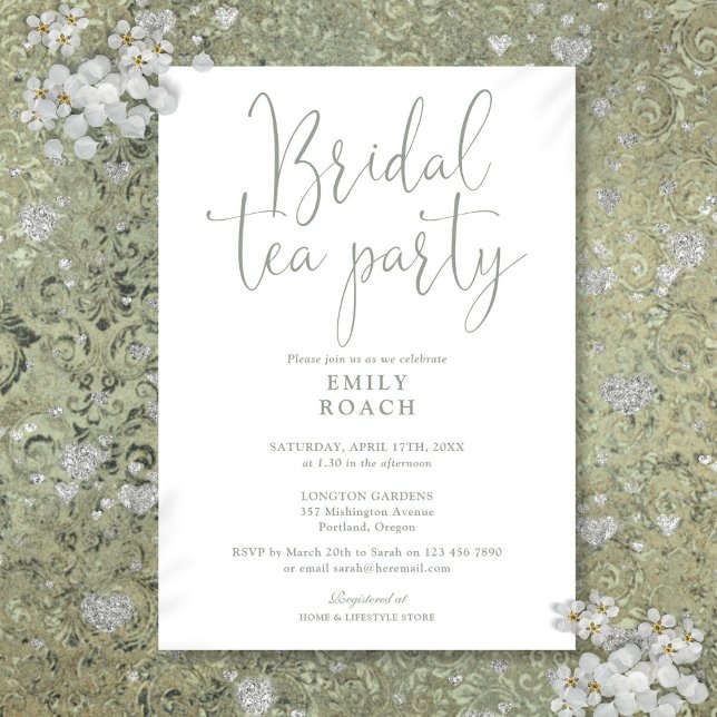 Eleganten Sage Grönt Skript Möhippa Tea Party Show Inbjudningar (Sage Green Elegant Script Bridal Tea Party Shower Invitation)