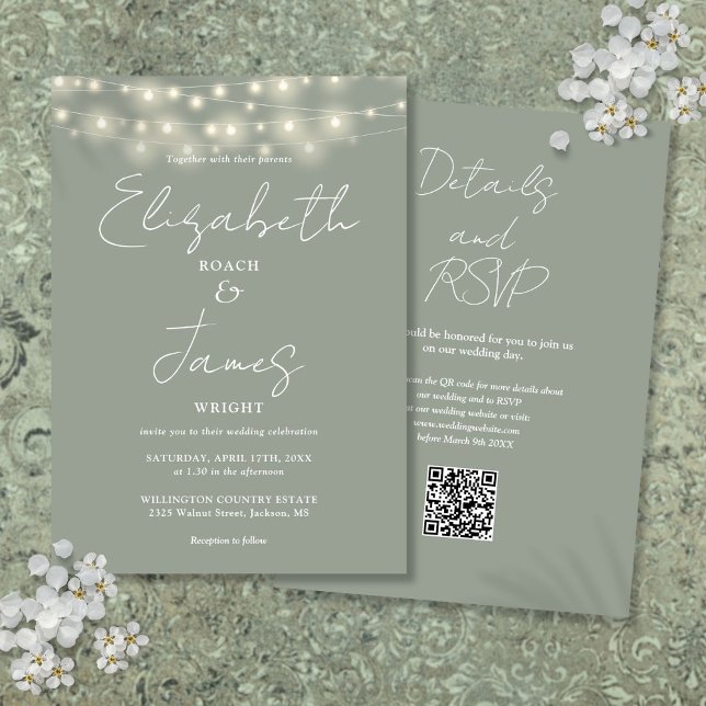 Eleganten Sage Grönt String Ljus QR-kod Bröllop Inbjudningar (Sage Green Elegant String Lights QR Code Wedding Invitation)