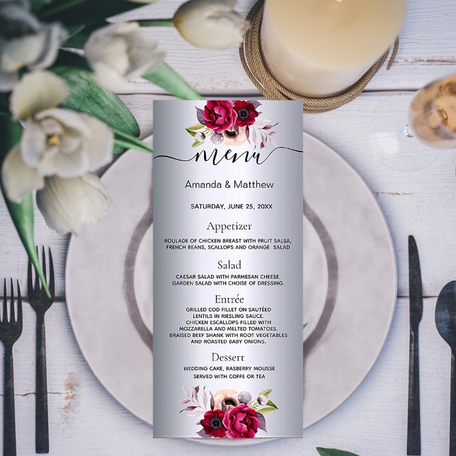 eleganten silver blommigt i Bröllop-menyn, modern  Reklamkort (Skapare uppladdad)