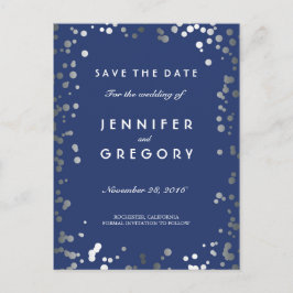 Eleganten Silver Confetti Navy Spara datum Meddelande Vykort