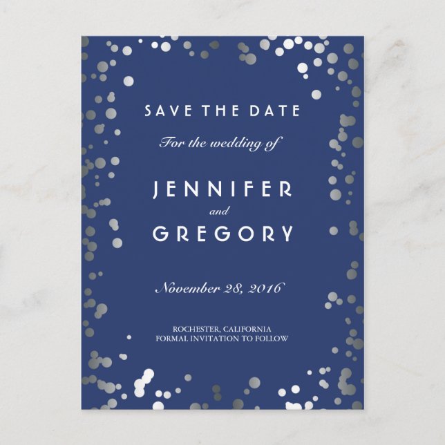 Eleganten Silver Confetti Navy Spara datum Meddelande Vykort (Framsida)