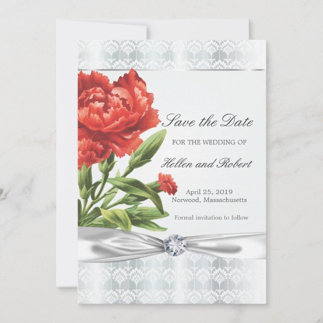 Eleganten Silver Diamond & Red Flower Spara datume Datumet (Framsida)