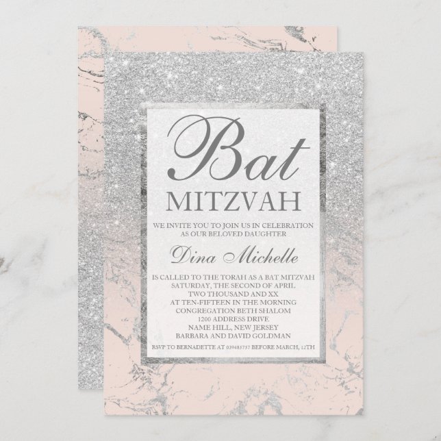 eleganten silver,  marmor Bat mitzvah Inbjudningar (Fram/baksida)