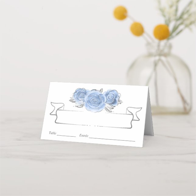 Eleganten silver och ljusa Baby blue Ro Placeringskort (Framsida)