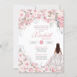 Eleganten Silver vid  Rosa Blommar Ro Quinceanera Inbjudningar