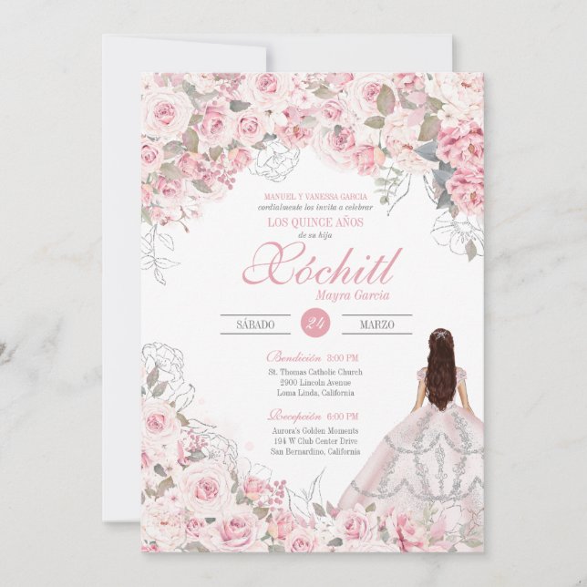 Eleganten Silver vid  Rosa Blommar Ro Quinceanera Inbjudningar (Framsida)