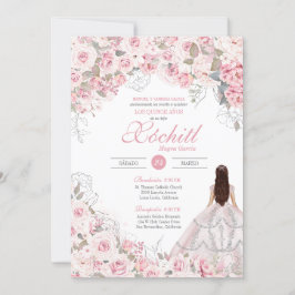 Eleganten Silver vid  Rosa Blommar Ro Quinceanera Inbjudningar