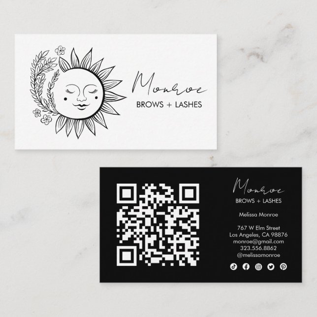 Eleganten sol & Flower Boho Line  QR Social Icons Visitkort (Fram/baksida)
