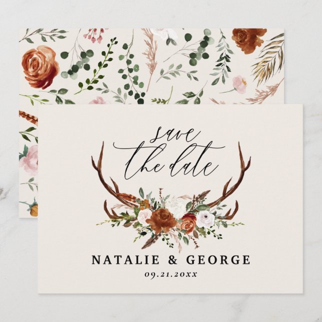 Eleganten Stag rustic botanical bröllop teracotta Spara Datumet (Fram/baksida)