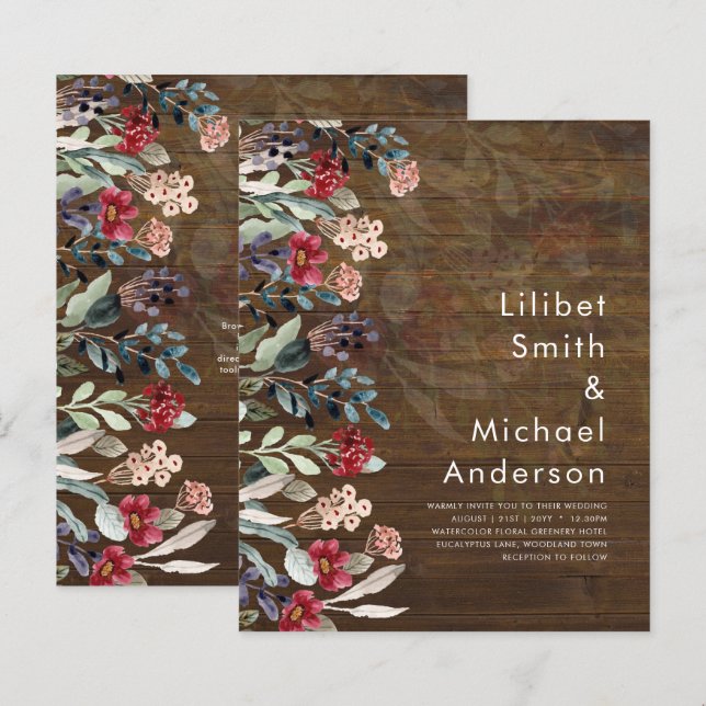 Eleganten Sublime Burgundy Blue Wildblomma Bröllop (Fram/baksida)